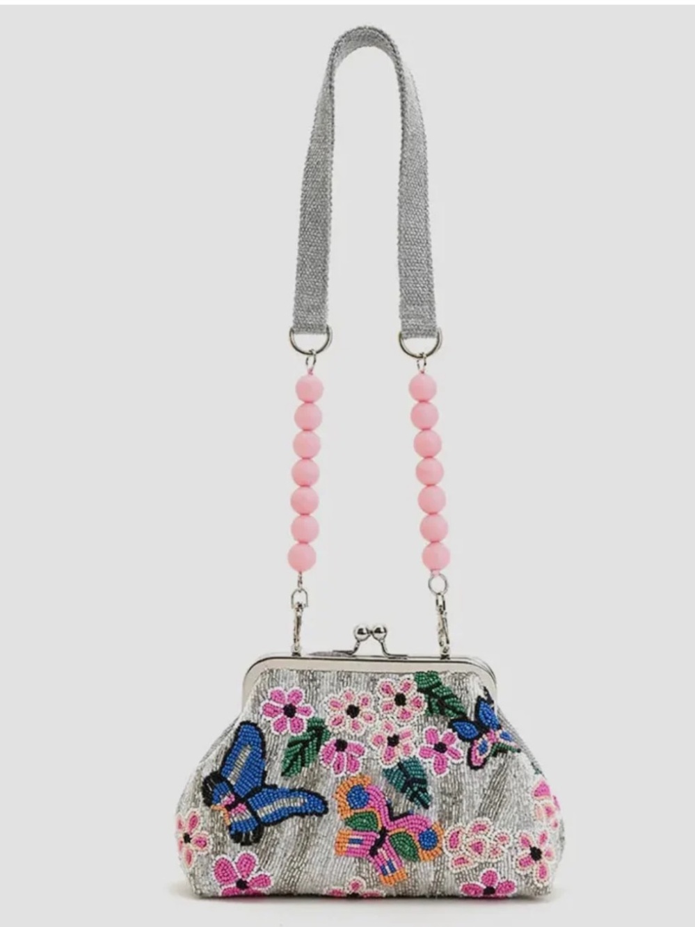 NEW America & Beyond BEADED HANDBAG kisslock BUTTERFLIES flowers PINK/SILVER - Picture 11 of 11